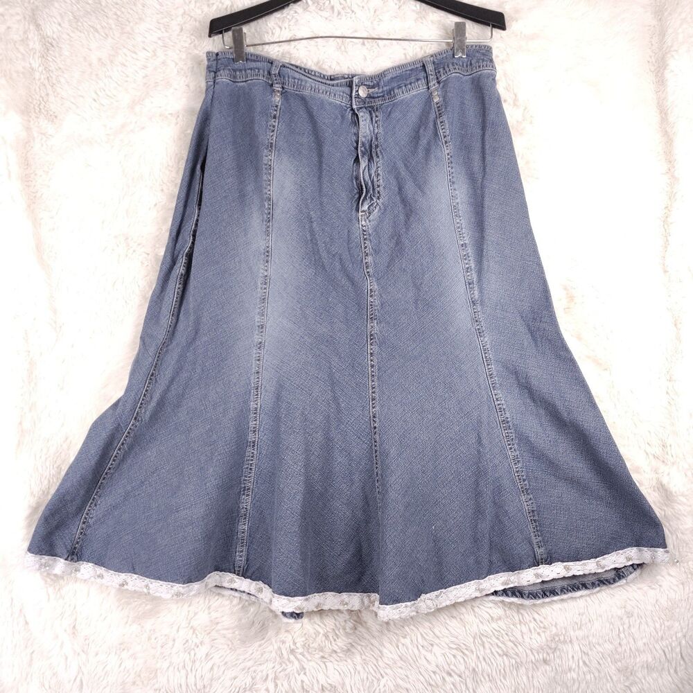 Live a Little Skirt 22 W Blue Denim Long Lace Ruffle Modest Flare Sequins Y2K